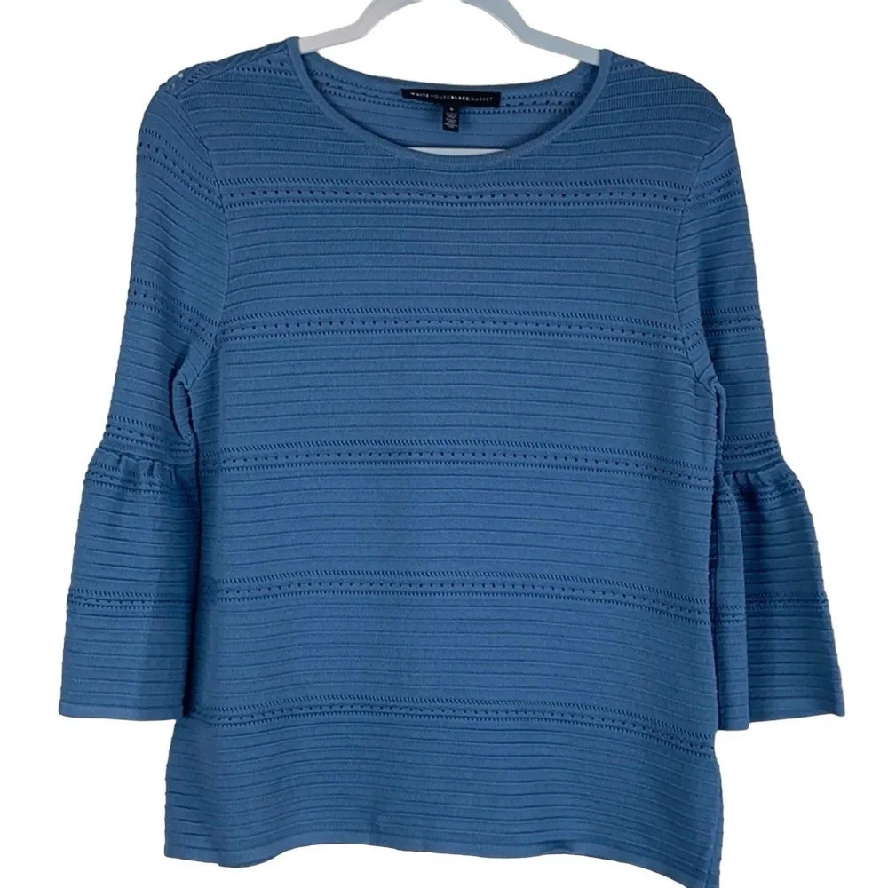 White House Black Market Blue 3/4‎ Bell Sleeve Textured Top Size S